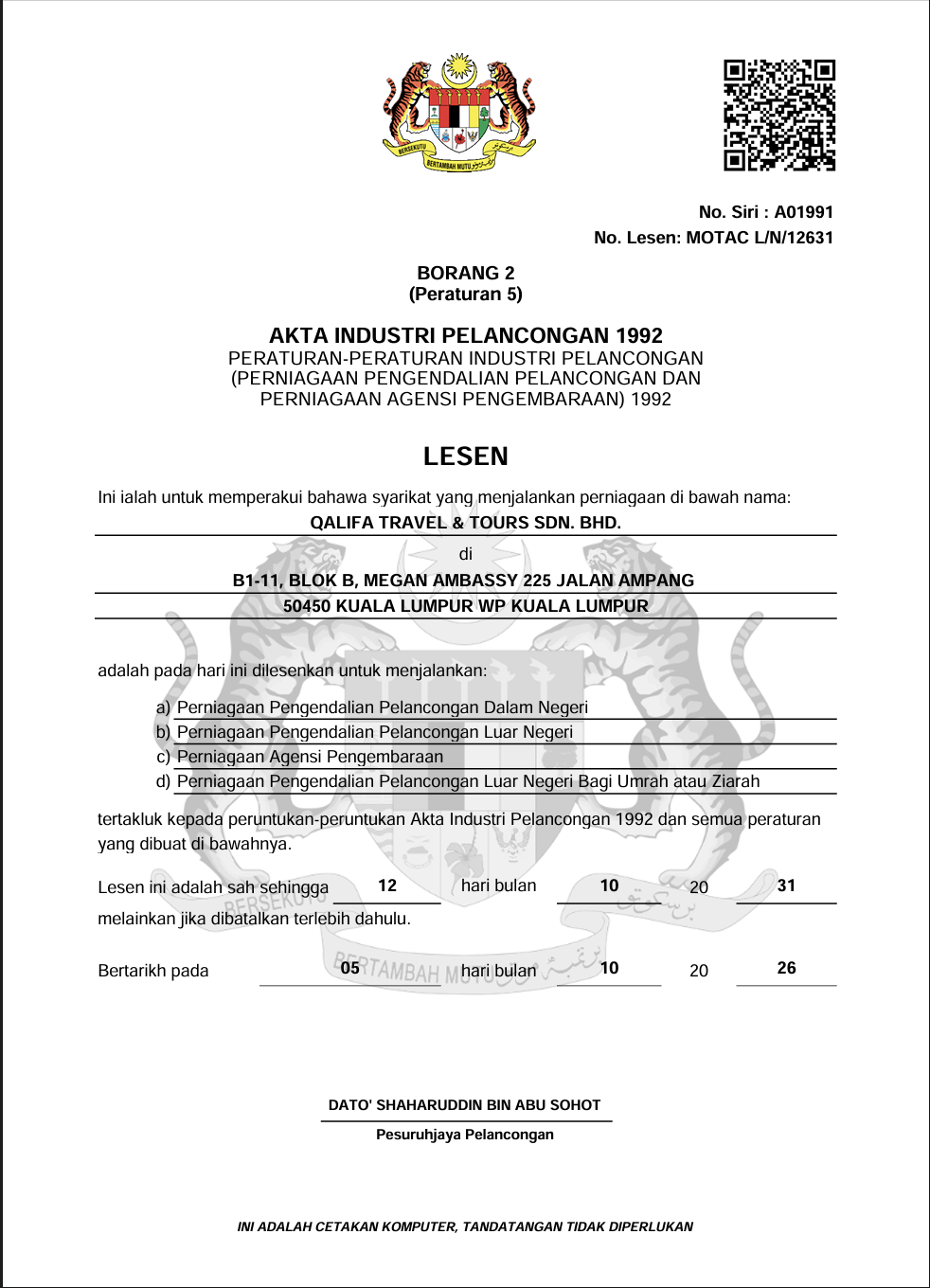 Sijil Lesen MOTAC Qalifa Travel & Tours